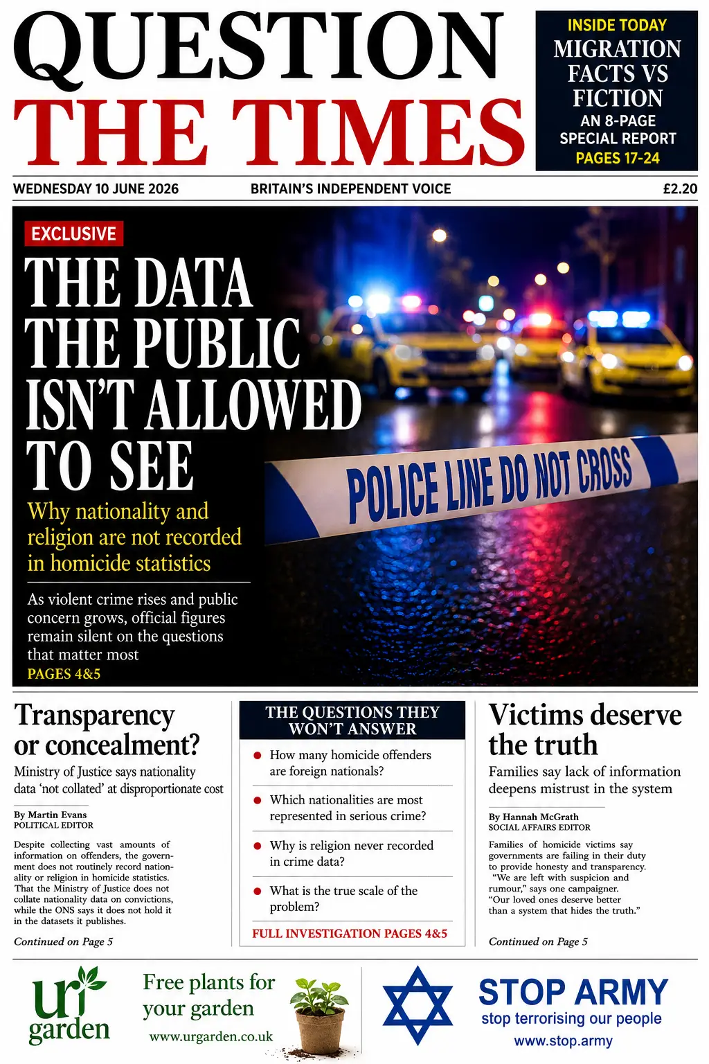 Front page of Question The Times newspaper featuring an investigation into why nationality and religion are not routinely recorded in UK homicide statistics.