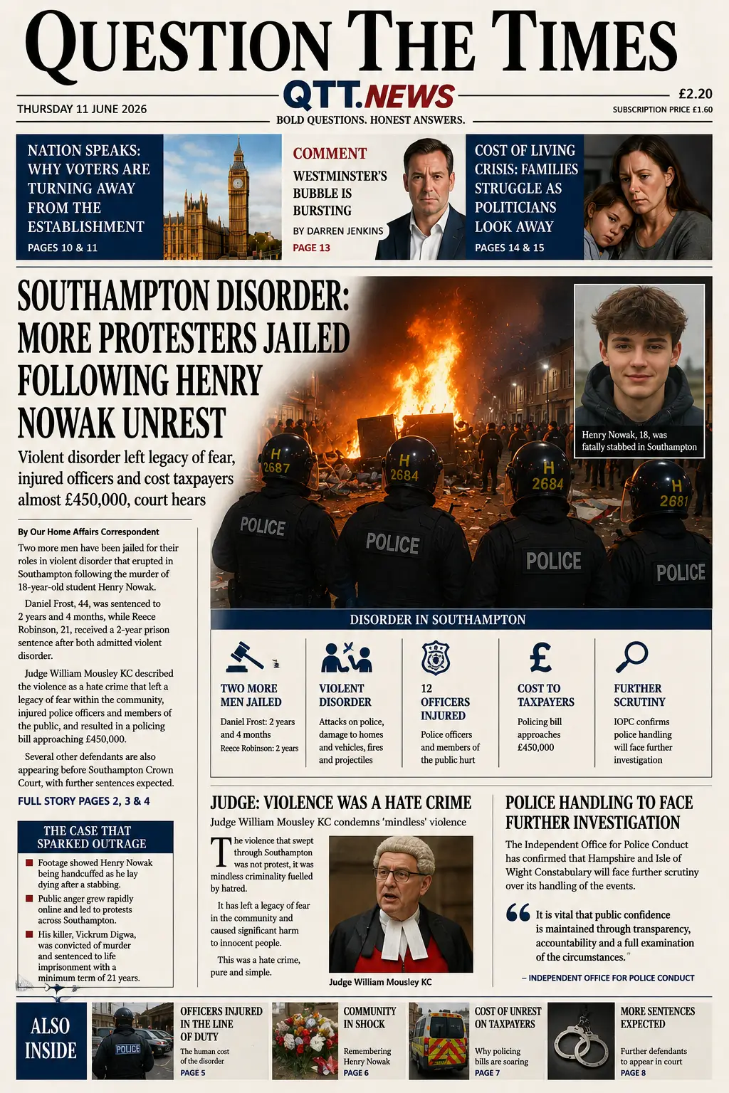 Front page of Question The Times newspaper dated 11 June 2026 featuring the headline "Southampton Disorder: More Protesters Jailed Following Henry Nowak Unrest." The image shows police officers facing a burning street scene during riots, alongside a portrait of Henry Nowak.