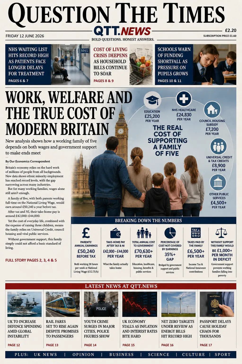 Illustration representing a British working family, public services, schools, NHS healthcare and government welfare support in the United Kingdom.