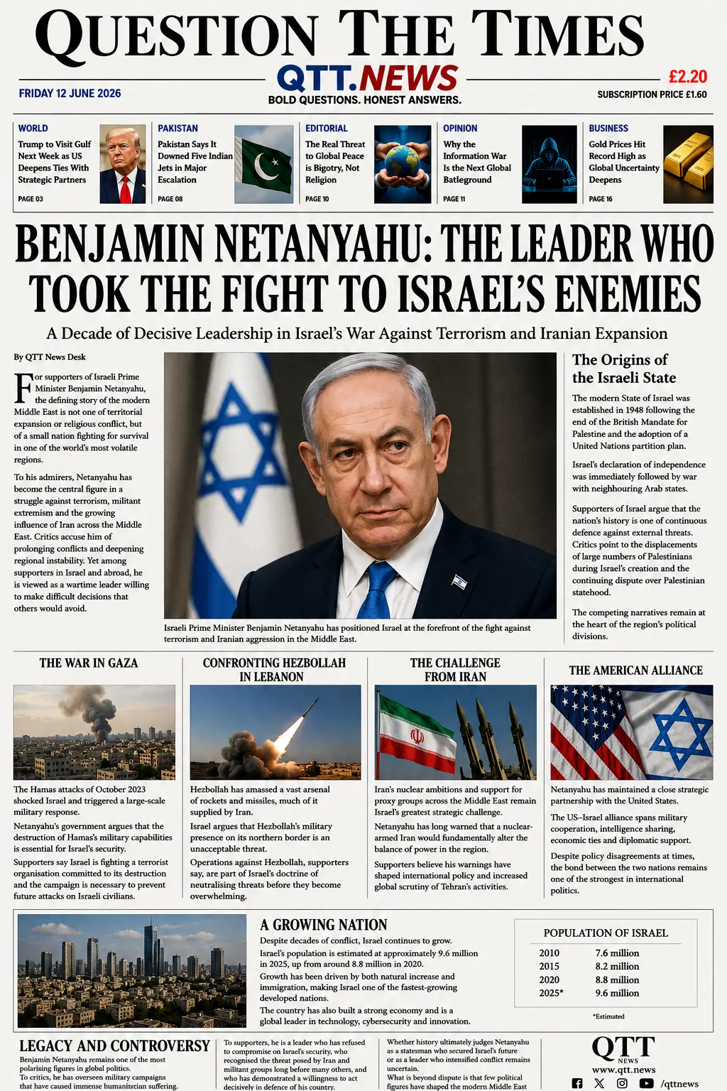 **ALT Text** Front page of Question The Times News featuring a large portrait of Israeli Prime Minister Benjamin Netanyahu with headlines about the Gaza war, Hezbollah in Lebanon, Iran, Israel's relationship with the United States, and the growth of Israel's population. The page is designed in a traditional broadsheet newspaper style with multiple news sections and editorial features.