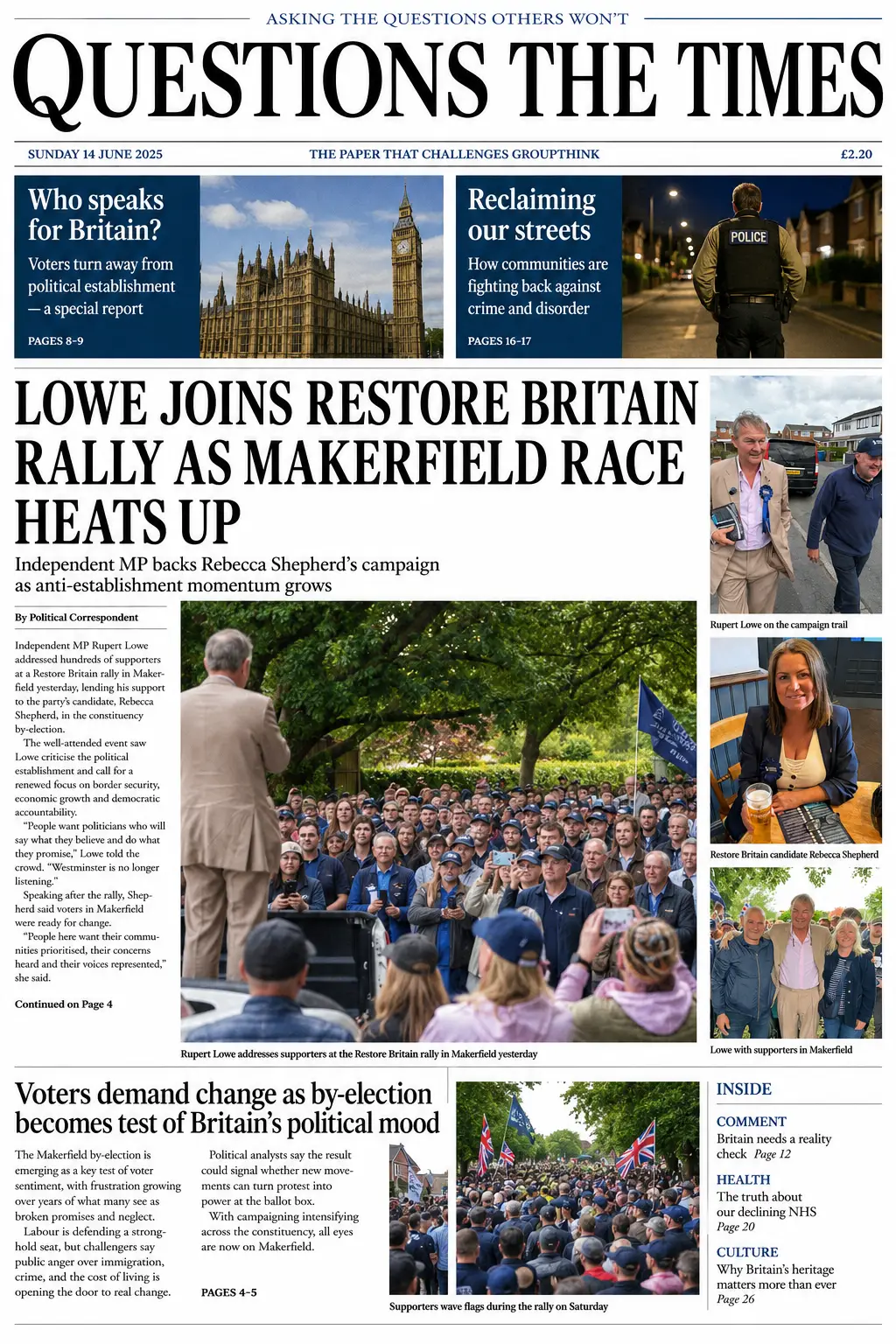 Broadsheet-style newspaper front page from Question The Times dated Sunday 14 June, featuring Rupert Lowe addressing a large Restore Britain rally in Makerfield, alongside images of candidate Rebecca Shepherd and supporters during the by-election campaign.